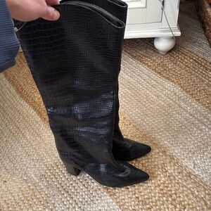 Black Croc-Embossed Knee-High Boots